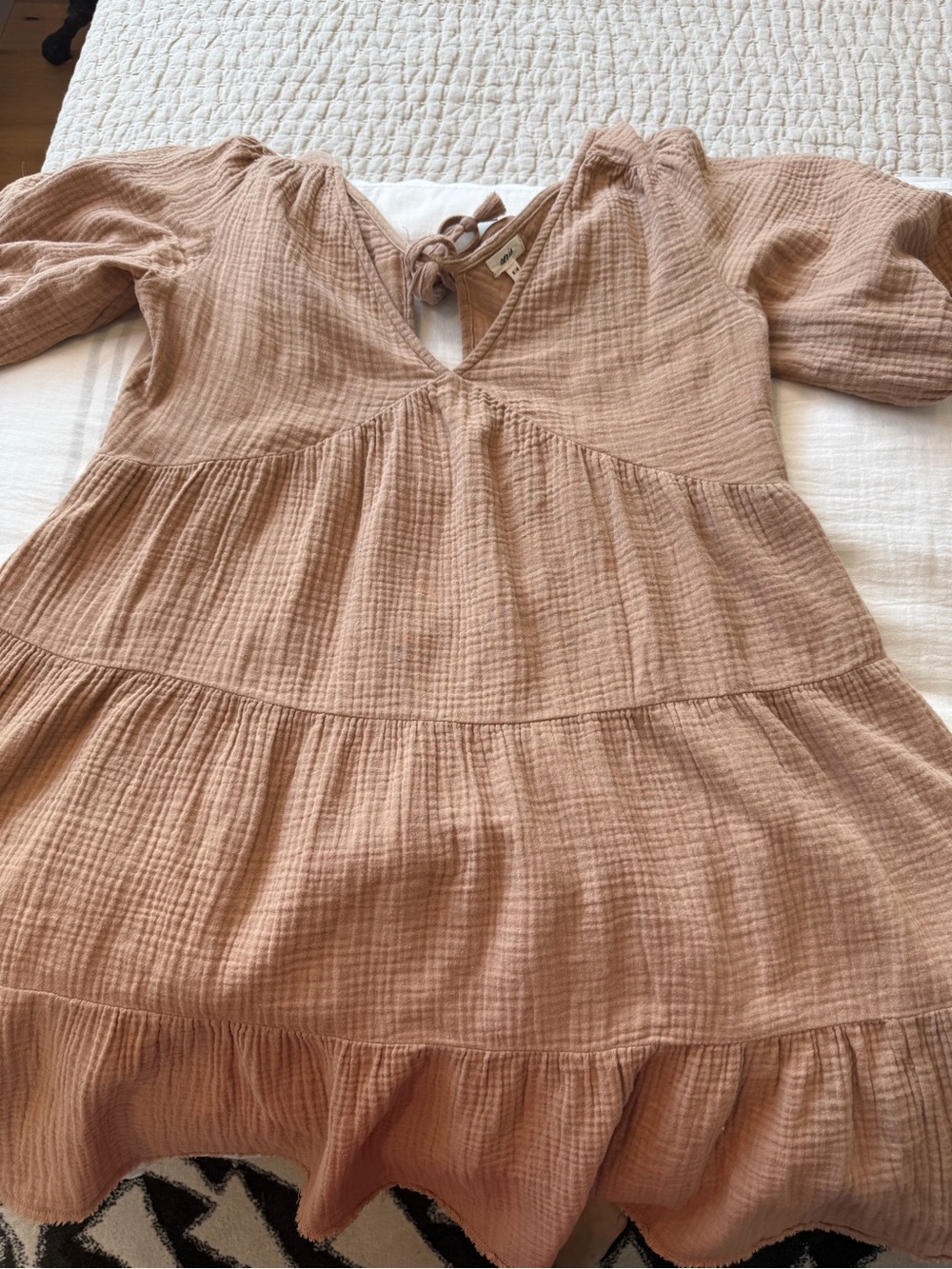 Aerie Camel Tie-Front Bell Sleeve Gauze Dress -M